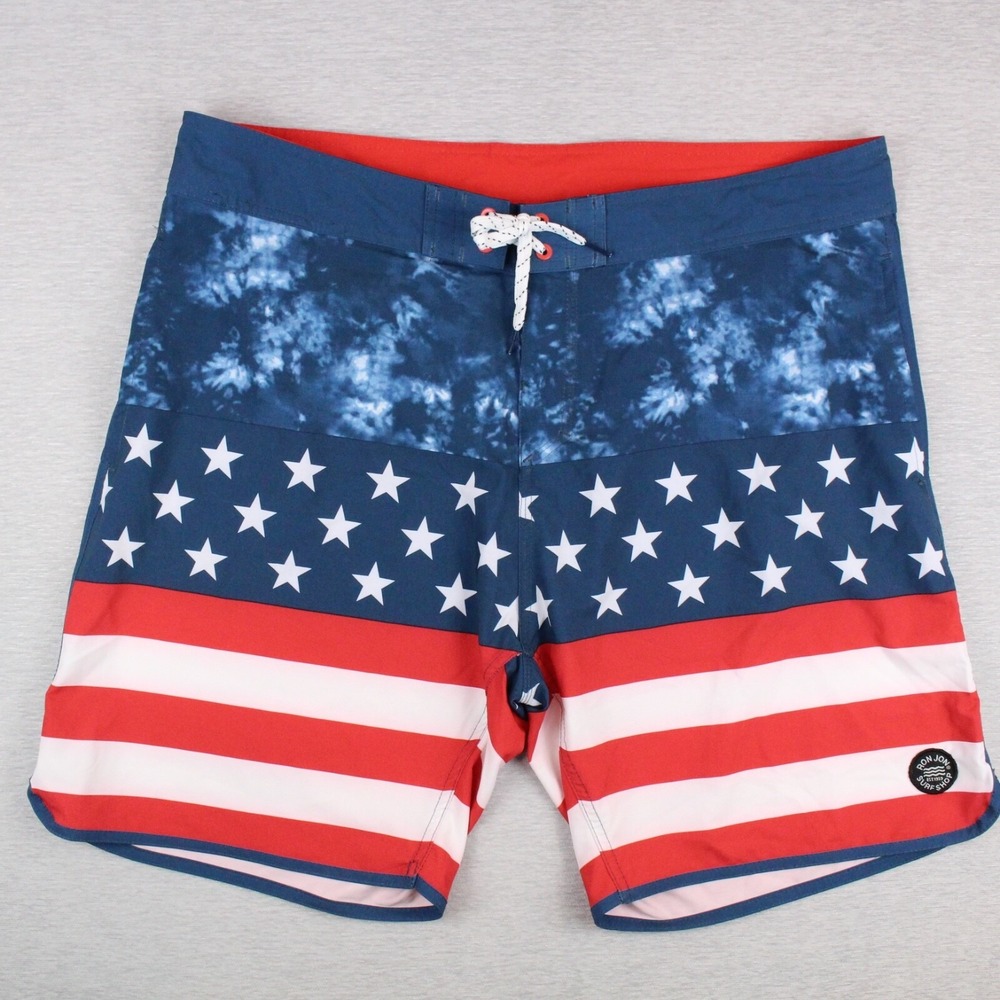 Ron John Surf Shop Board Shorts Mens Size 40 Red White Blue Flag 8" Poly Stretch